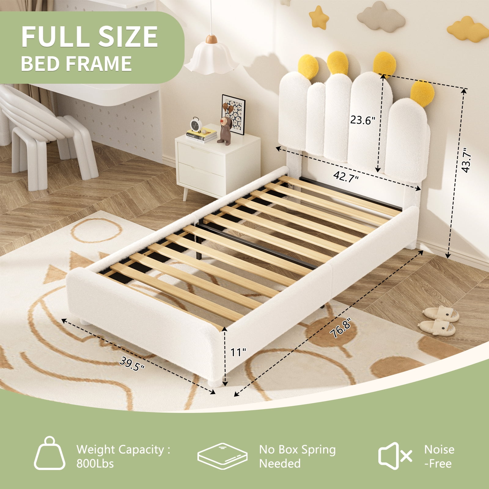 MOPHOTO Boucle bed frame Child Bed for Kids,Wood Upholstered Bed Frame with Adjustable Headboard,Standard Crib Size Toddler Bed,Certified Toddler Fabric Beds,Modern Platform Bed (White)