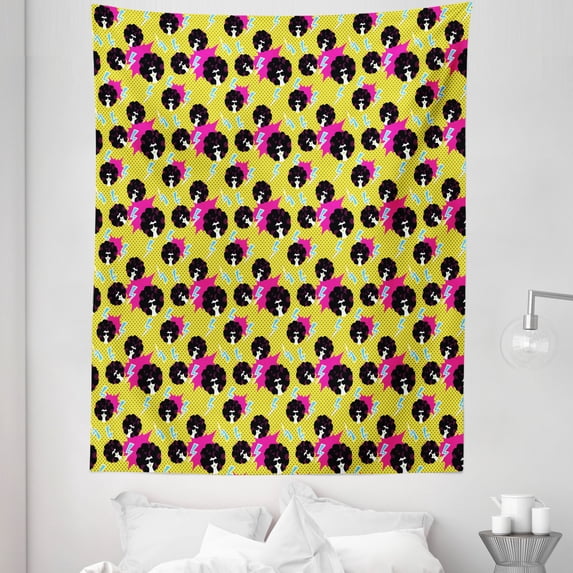 Retro Tapestry, Retro 80s Theme Girls with Black Curly Afro Hair and Polka Dots Funky Pop Art, Fabric Wall Hanging Decor for Bedroom Living Room Dorm, 5 Sizes, Multicolor, by Ambesonne