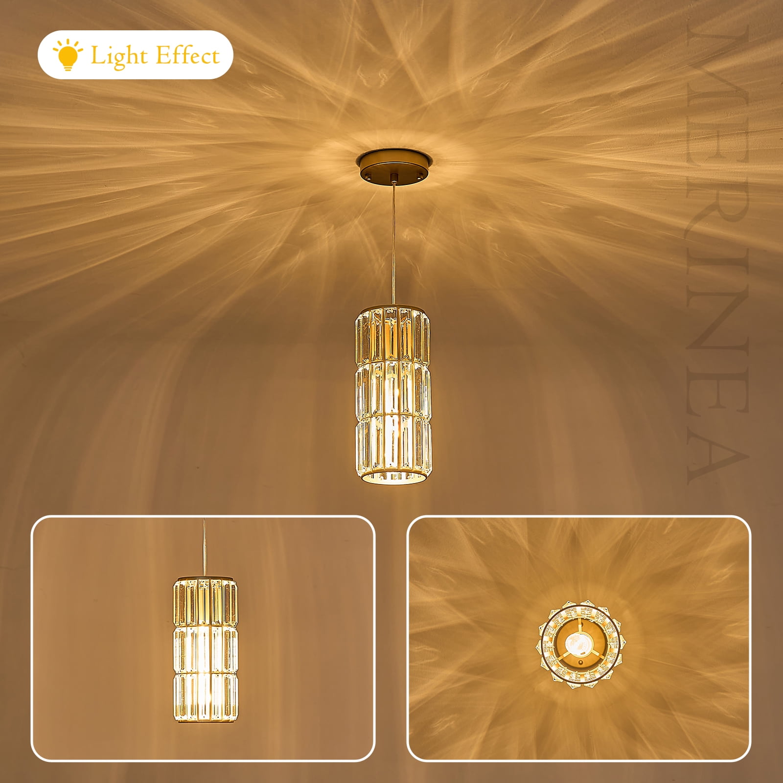 Gold Crystal Pendant Light for Kitchen Island, Mini Hanging Light Fixture with K9 Prism Crystals, 1-Light Modern Ceiling Pendant in Brass Finish for Dining Room, Bedroom, Bathroom,  E26