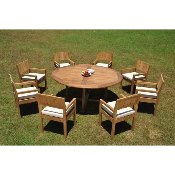 Grade-A Teak Dining Set: 8 Seater 9 Pc: 72" Round Table And 8 Veranda Arm Chairs Outdoor Patio WholesaleTeak #WMVRs