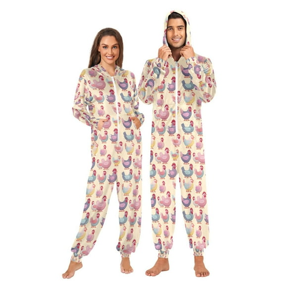 Adult Christmas Onesie Cute Chicken Print Kitchen Zipper One-Piece Pajamas Unisex with Pockets