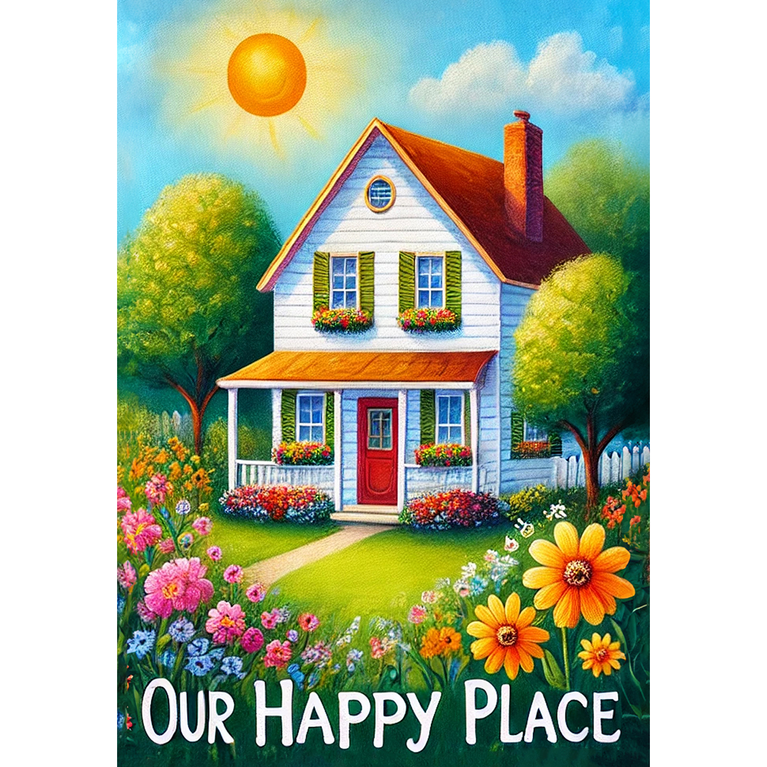 America Forever Our Happy Place House Flag, 28 x 40 inch Double Sided, Sunlit House with Flower Banner, Warm Welcome Home Flags, Spring Summer Seasonal Housewarming Outdoor Decorative for Lawn
