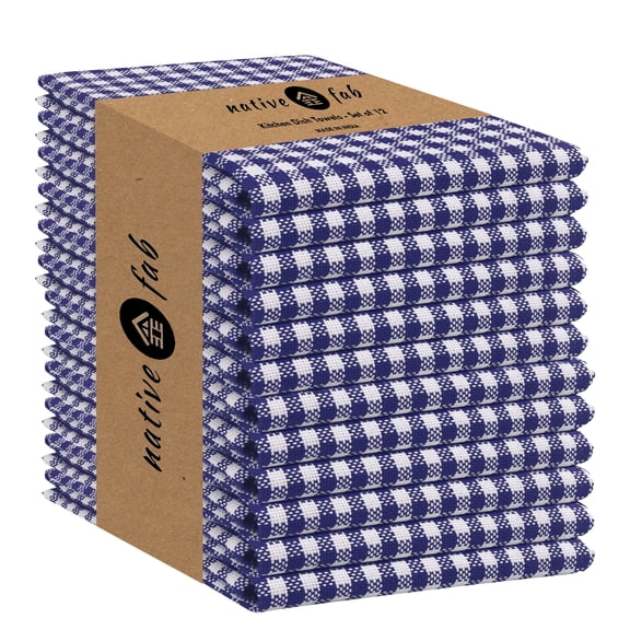 Native Fab 12 Pack Gingham Checked Plaid Kitchen Towel - Soft Cotton - Washcloths - 16x26 - Blue