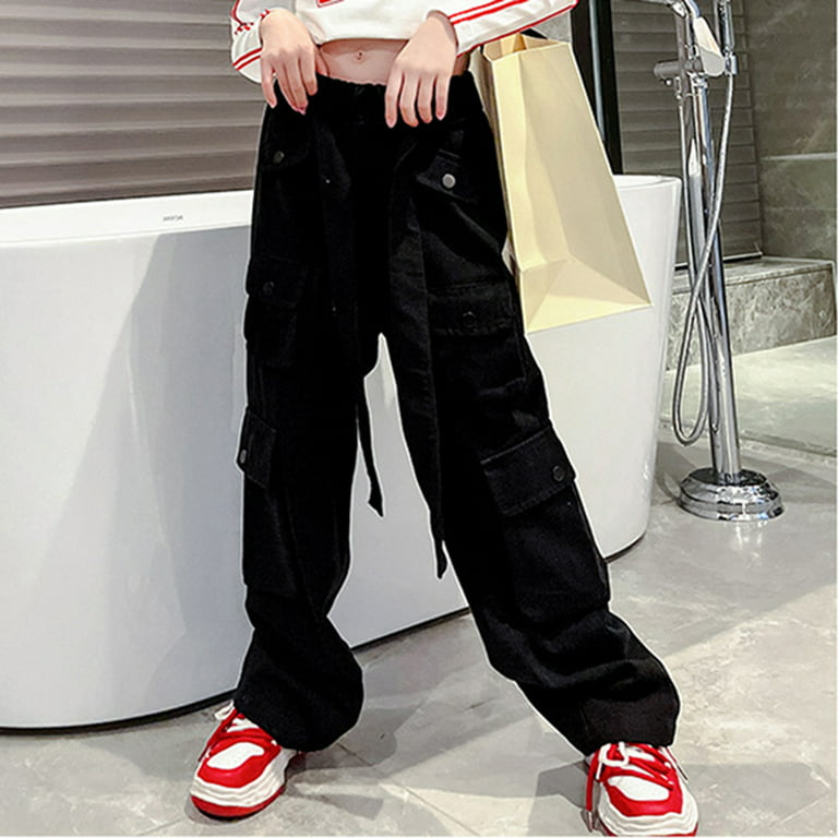 CHICTRY Kids Girls Casual Baggy Pants Drawstring Cargo Pants Dungarees  Black 170