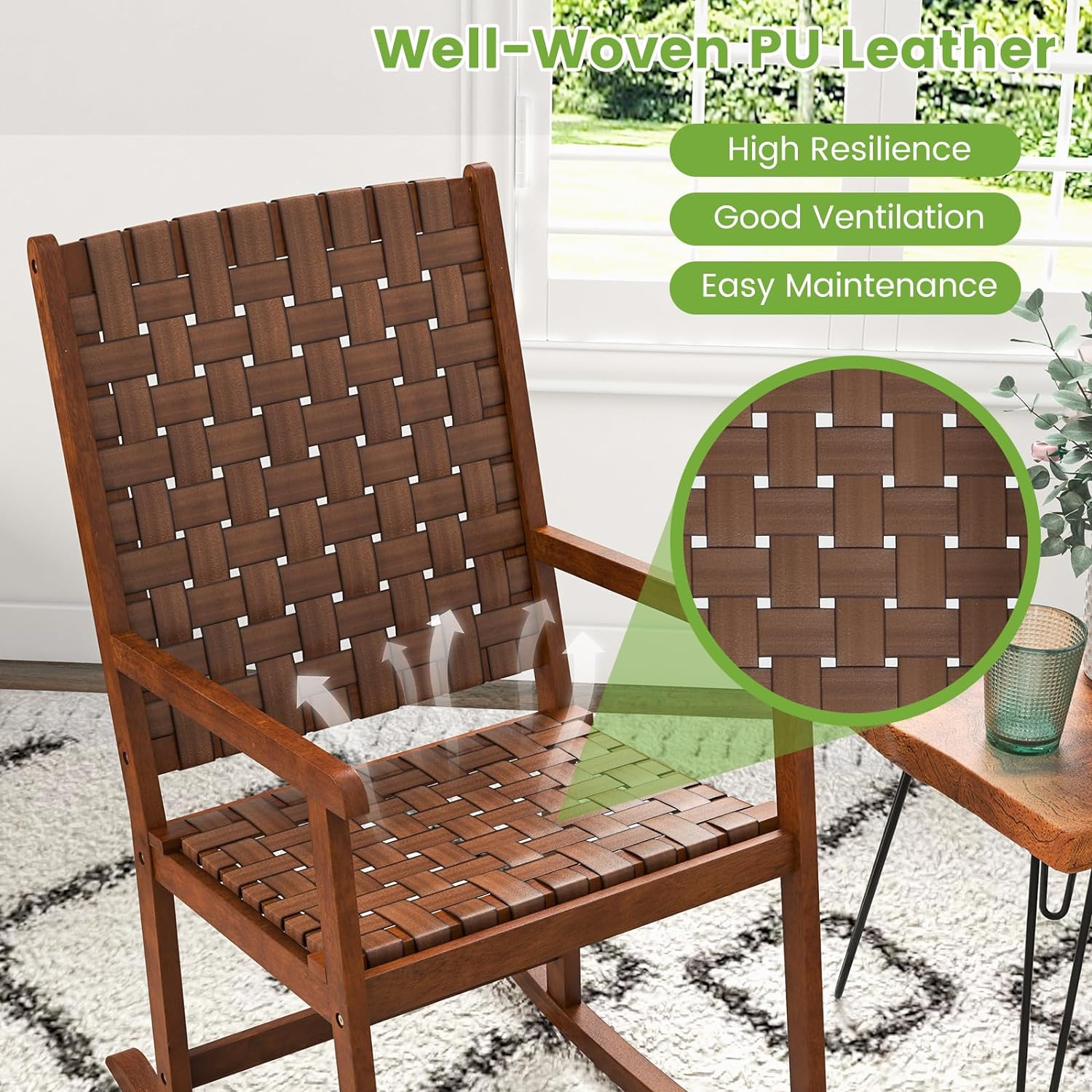 Gymax Wood Rocking Chair w/ PU Seat & Rubber Wood Frame Indoor/Outdoor Brown