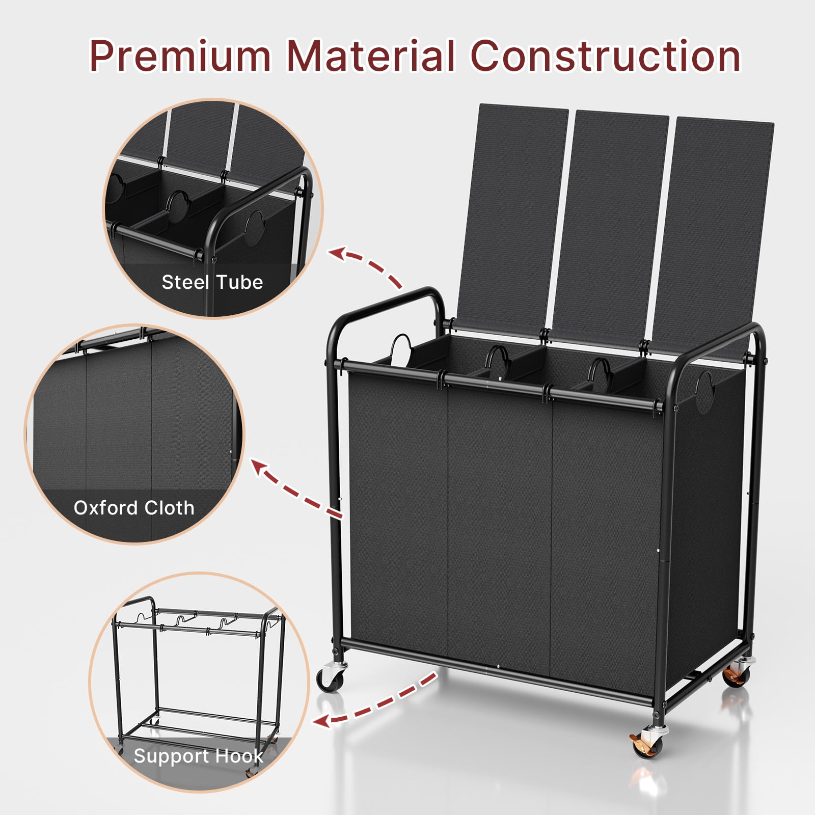 180L (47.55 Gal) Laundry Sorter 3 Section, Rolling Laundry Basket with Lockable Wheels and Lid, Laundry Hamper with 3 Separated Removable Bags Dirty Clothes Hamper for Laundry Room Organizer, Black