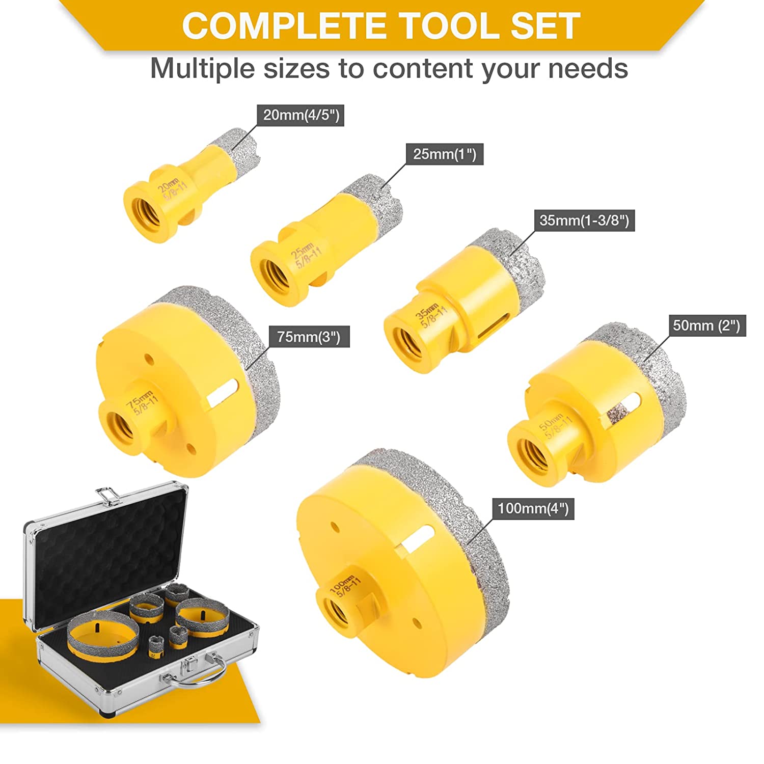 DAWOT 6PCS Diamond Core Drill Bits Set Tile Hole Saw Kit Vacuum Brazed Core Drill Bits(20/25/35/50/75/100mm) for Glass Marble Granite Stone Porcelain Tile Ceramic Brick