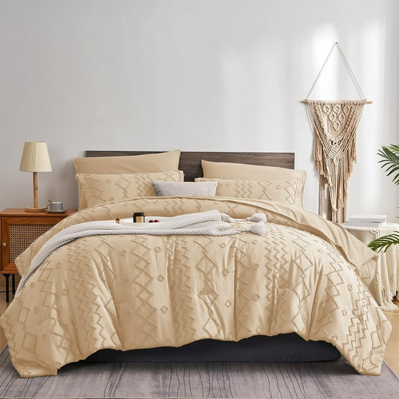 Davulos Queen Comforter Set Khaki,7 Piece Bed in a Bag,Boho Tufted Shabby Chic Bedding for Adult Women Soft Microfiber Vintage Farmhouse All Seasons Bed Set