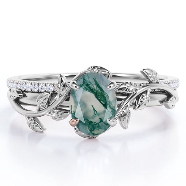 JeenMata Anillo de Bodas con Diseño de Hoja de Moissanita y Ágata Verde Musgo Dendrítica Ovalada de 1,5 Quilates con Engaste en Garras, Engastado en Oro Blanco de 18 K sobre Plata