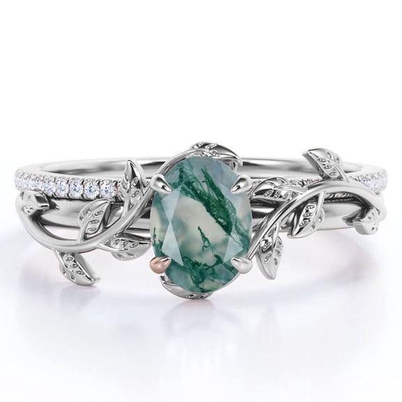 JeenMata Prong Setting 1.5 Carat Ovate Dendritic Moss Green Agate and Moissanite Leaf Design Wedding Ring Set in 18K White Gold Plating over Silver