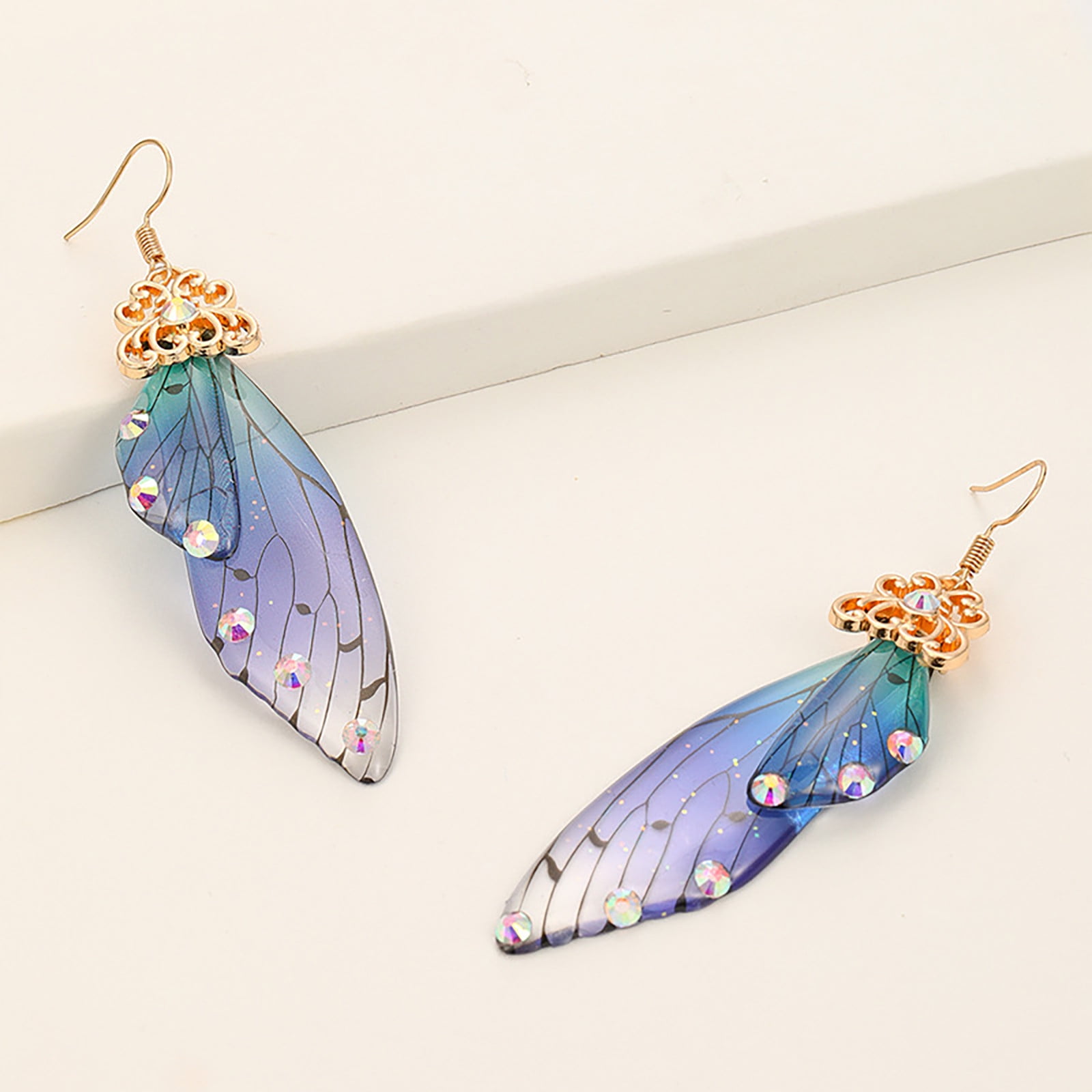 ABONDEVER Cottagecore Butterfly Wing Earrings 1 Pair 14K Gold Foil Fairy Wing Earrings & 1 Pair Fairycore Asymmetrical Earrings for Women Drop