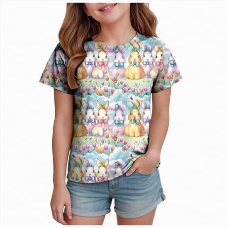 UngA Easter Shirts for Toddler Girls Bunny Kids Graphic Tees Summer Short Sleeve Tops Funny Rabbit Girls T Shirts (Light Yellow 10-11 Years)