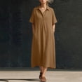 thumbnail image 5 of Women's Shirt Dresses Collared Short Sleeve Maxi Dress Breathable Relaxed Fit Vacation Resort Summer Dress Brown S, 5 of 6