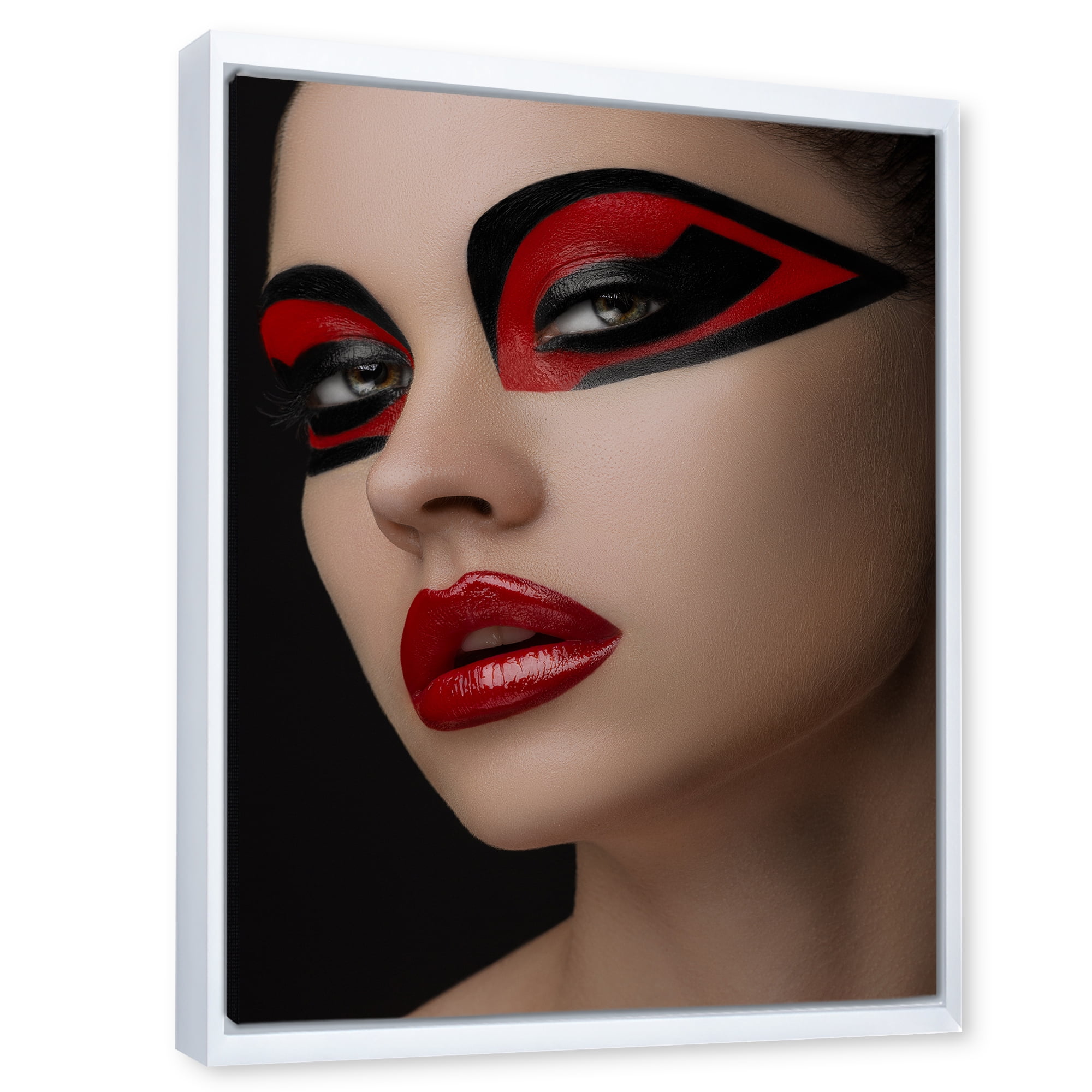 Designart 'Red Lips Black Makeup On The Eyes of Mask Girl' Modern Framed Canvas Wall Art Print