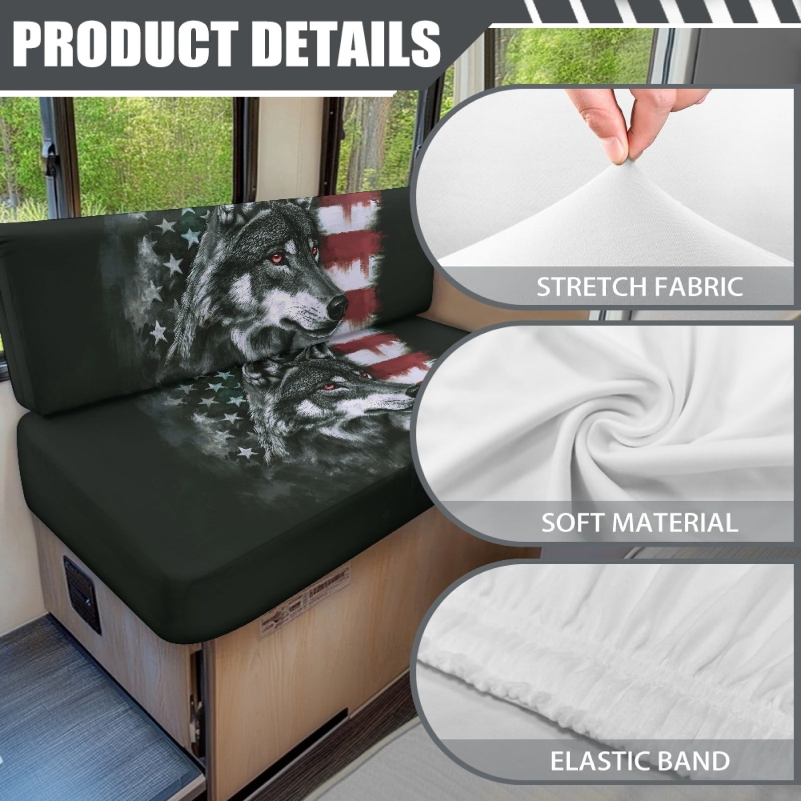 Kuiaobaty Vintage Wolf American Flag Pattern RV Dinette Cushions Covers Couch Cushion Slipcovers with Elastic Band RV Sofa Seat Slipcovers Universal Fit Travel Trailer Couch