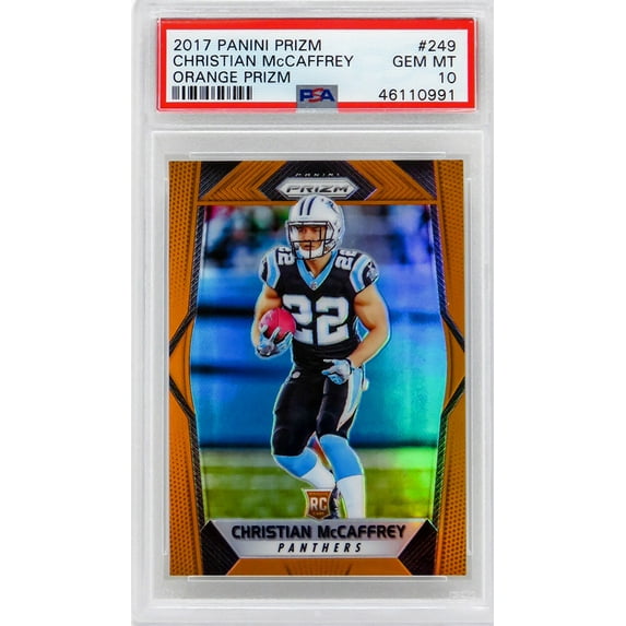 Christian McCaffrey (Carolina Panthers) 2017 Panini Prizm Football #249 Orange Prizm RC Rookie Card - PSA 10 GEM MINT