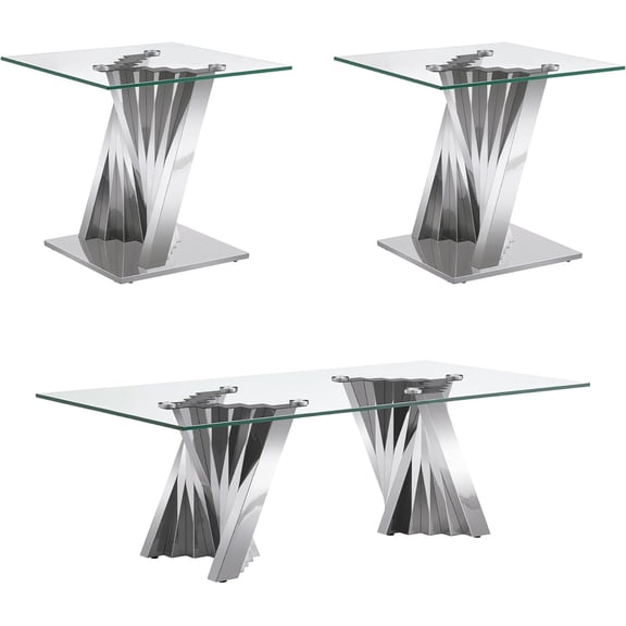 Modern 3-Piece Glass Coffee Table and End Table Set, High-Transparency Tempered Glass Top and Irregular Stainless Steel Double Base, Cocktail Table, for Living Rooms, Reception Areas