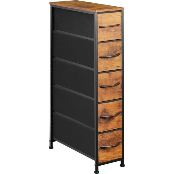 Narrow Dresser Storage Tower with 5 Drawers, Slim Dresser Chest of Drawers with Steel Frame, Wood Top, Dresser for Bedroom, Bathroom, Small Spaces, Laundry, Closet, Rustic Brown