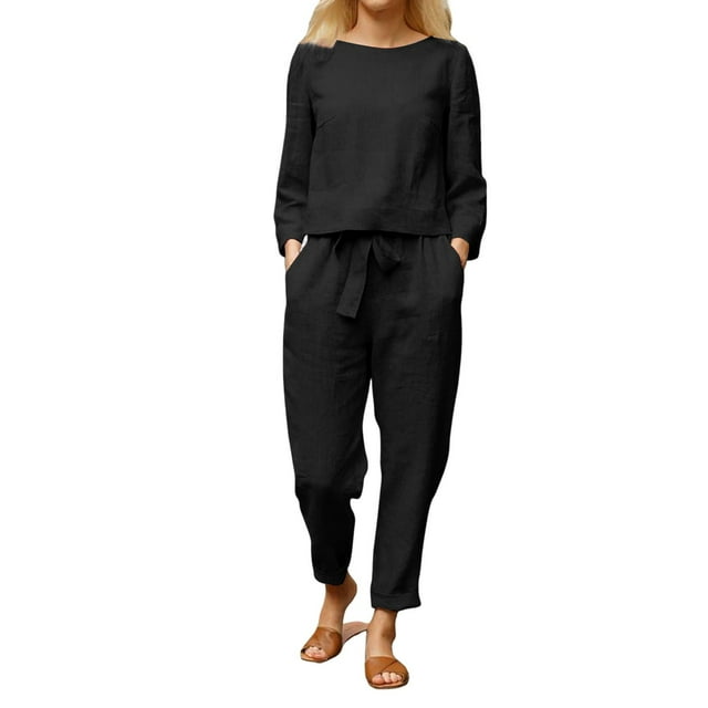 ManxiVoo Women's Long Sleeve Two Piece Set Comfortable Linen Blend Lounge Wear For Everyday XXL Size Black