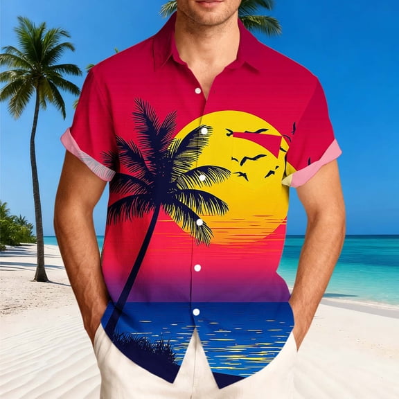 Gamivast Hawaiian Shirts Sunrise Palm Tree Graphic Beach Shirts Button Down Short Sleeve Casual Shirts Lightweight Soft Breathable Summer Travel