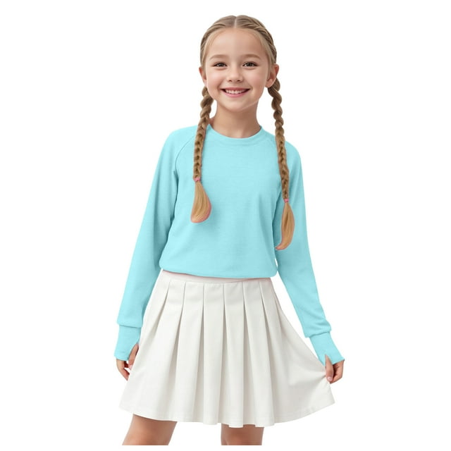 Curenmufel T-Shirt de Compression pour Filles T-Shirt à Col Rond pour Fille Manches Longues Coupe Ajustée Hauts de Fête Taille 11-12 (Bleu, 11-12 Ans)