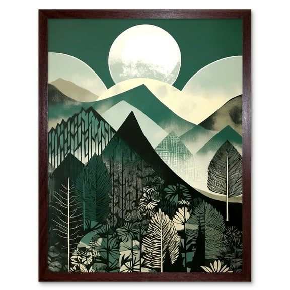 Full Moon Over Mountain Forest Linocut Mid Century Sage Green Moonlit Landscape Art Print Framed Poster Wall Decor 12x16 inch
