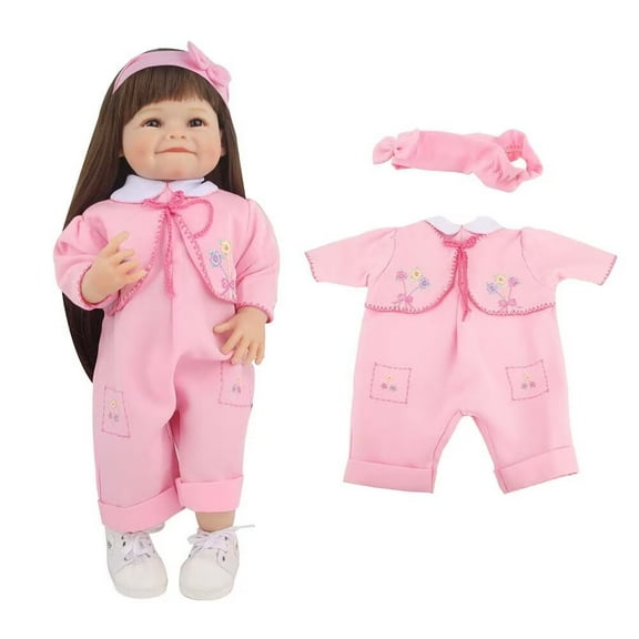 AmaMary Girls Doll Bodysuit Pink Embroidered Small Flower with Hairband Fits 22 inches (55cm) Reborn Dolls