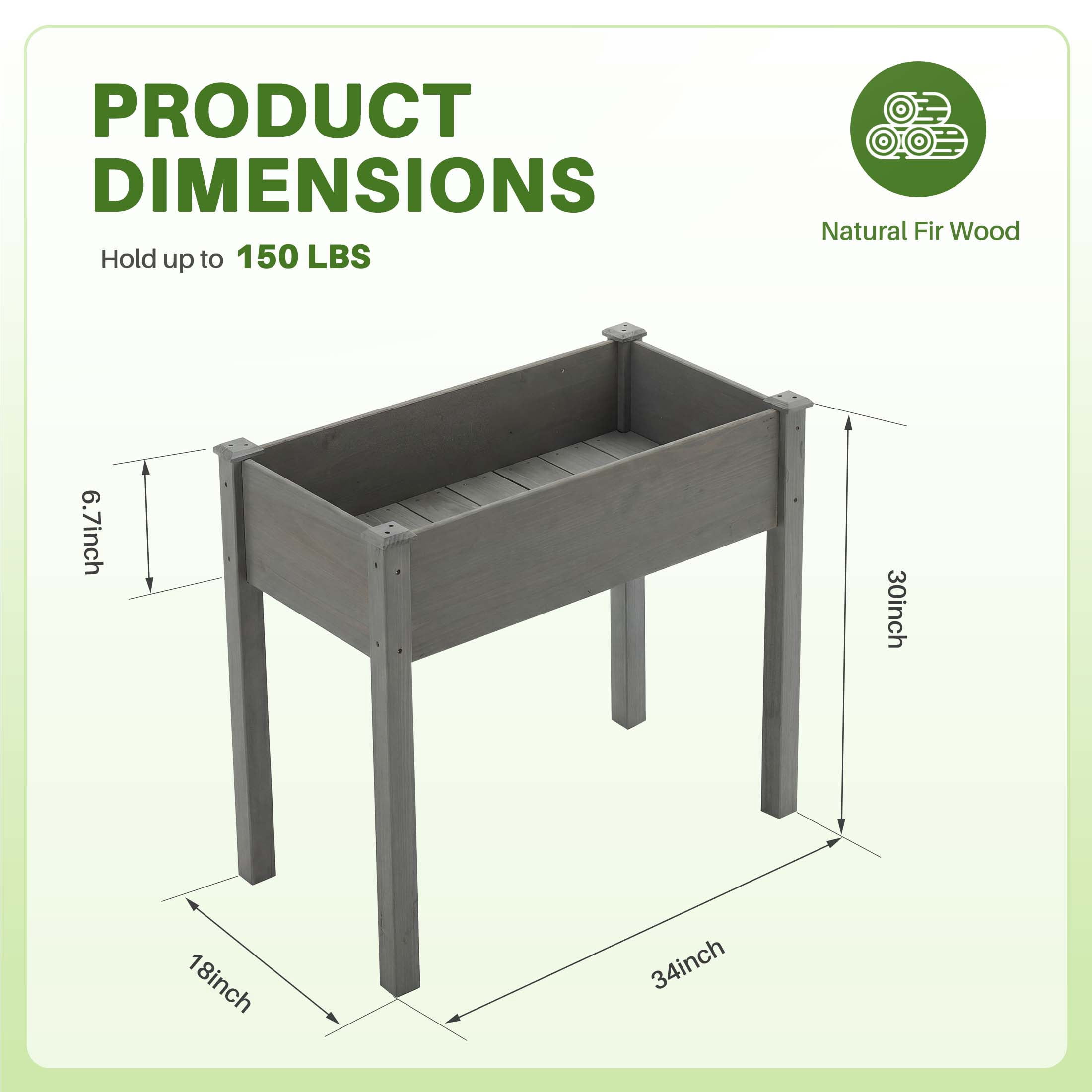 CONCETTA Wooden Raised Garden Bed - Elevated Planter Box with Drainage & Liner, 34" x 18" x 30" for Backyard/Patio/Balcony (Gray)