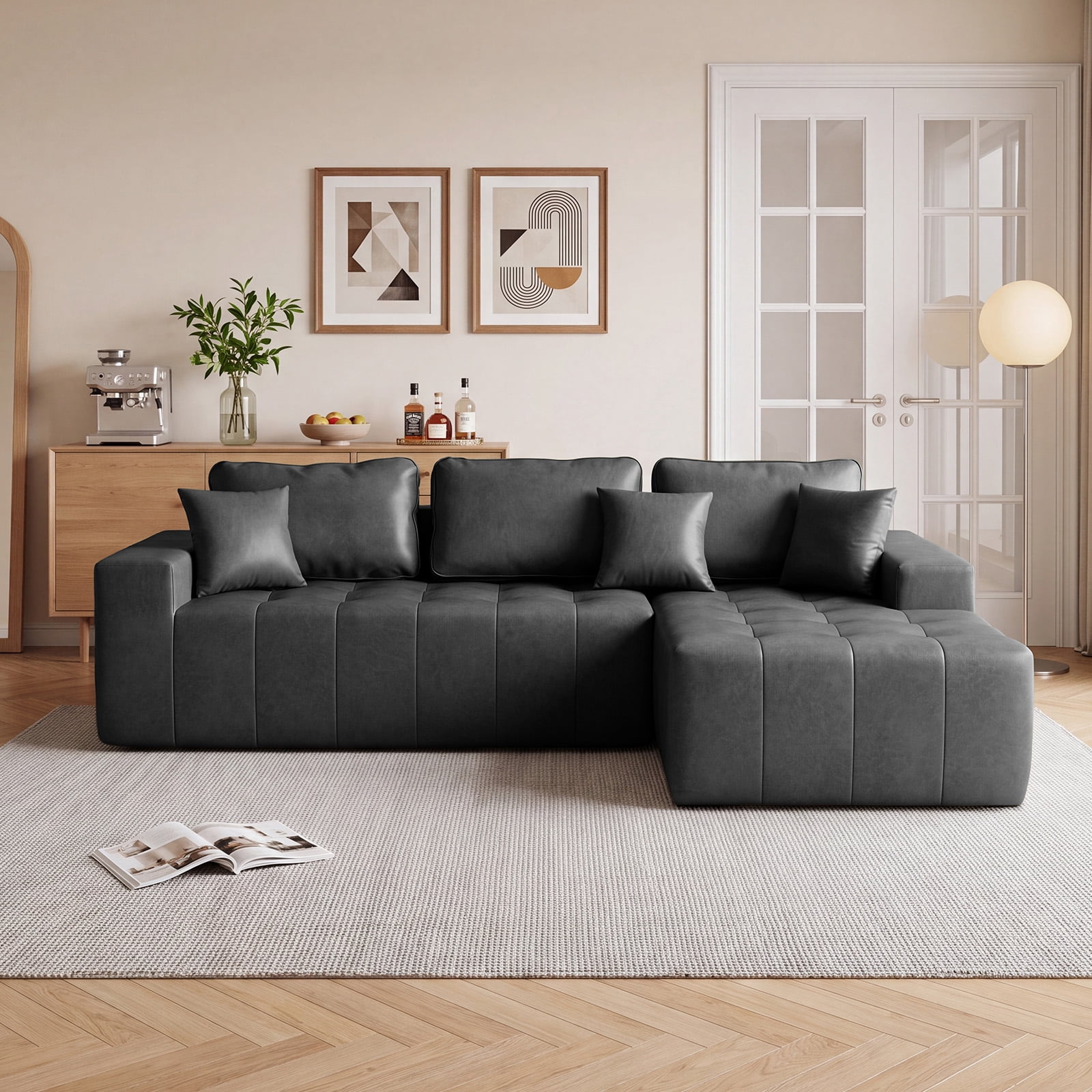 No-Assembly Faux Leather Corner Chaise Compression Sofa Bed, L-Shaped Sectional Couch with High-Density Sponge for Living Room, Black