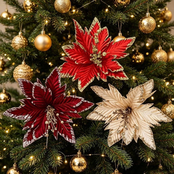 KGJQ Artificial Flowers, Handmade Bead Cluster Christmas Poinsettia Velvet with Gold Glitter Fabric Petals, Reusable Floral Ornaments for Xmas Tree Window Display Holiday Decor