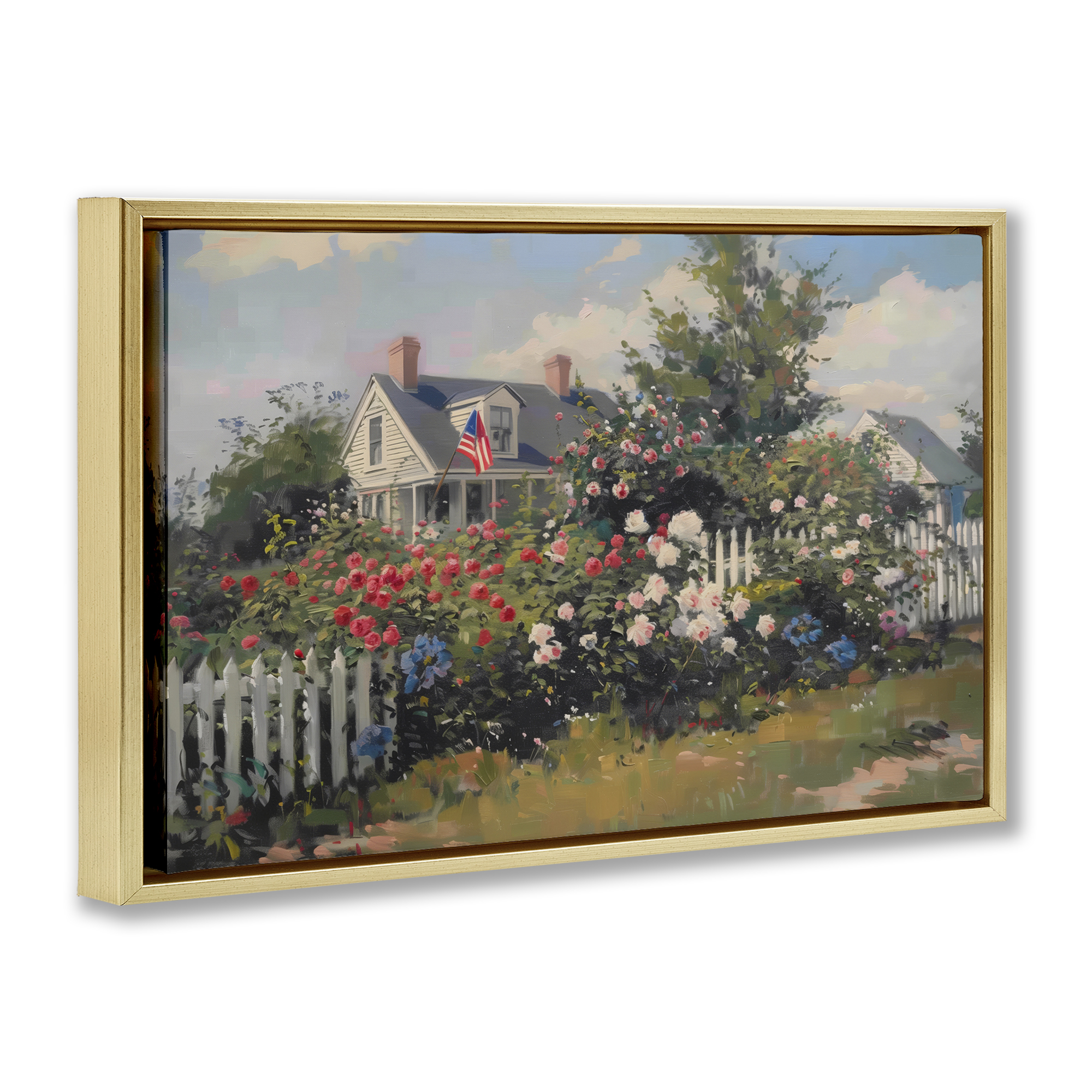 Stupell Industries Patriotic Cottage Garden Landscape & Nature Painting Gold Floater Framed Canvas Art Print Wall Art, 25 x 17