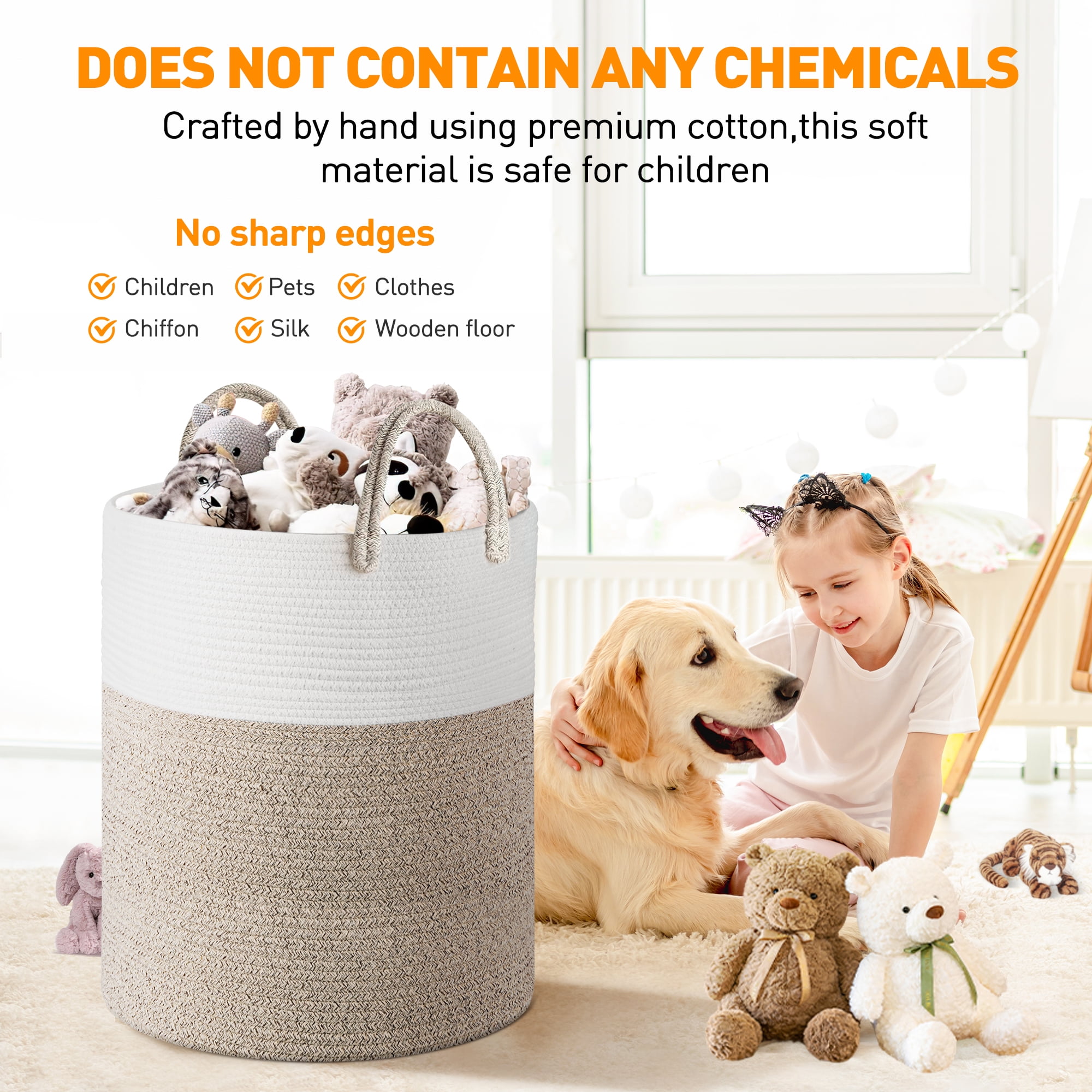 Large Cotton Rope Basket, 15"x15"x20"(58L) Woven Baby Laundry Blanket Basket, Toy Basket with Handle, Laundry Hamper for Storage, Blanket Basket for Living Room, Laundry, Nursery(Brown&White)