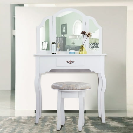 Jaxpety White Tri Folding Wood Makeup Dressing Table Stool Set Jaxpety White Tri Folding Wood Makeup Dressing Table Stool Set Antique Collection Vanity Table with Drawers - Jaxpety White Tri Folding Wood Makeup Dressing Table Stool Set
