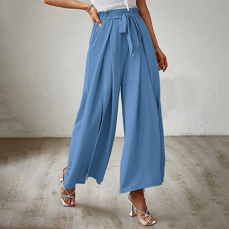 HAPIMO Clearance Wide Leg Pleated Pants for Women Casual Comfy Pants Solid  Color Teens Fall Fashion Outfits Elastic High Waist Womens Bow Tie Bandage  Loose Trousers Blue XXL 