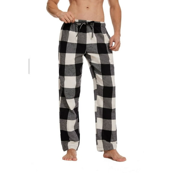 Marsgoo Men’s Soft Woven Cotton Pajama Pants, Long Pajama Bottoms with Drawstring and Pockets(Black White Plaid,XX-Large)