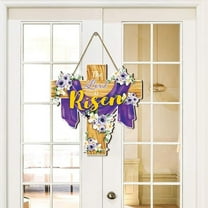 Easter He is Risen Christian Front Door Sign, Religious Cross Wood Door Hanger Outdoor Outside Porch Decor, Spring Lily Flower Butterfly Wooden Wreath Indoor Wall Hanging Decoration