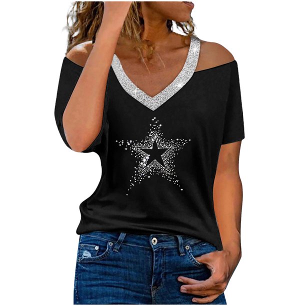 Gibobby Blusa Sexy Cuello en V Blusa de manga corta con cuello en V y hombros descubiertos para mujer(Negro,M)