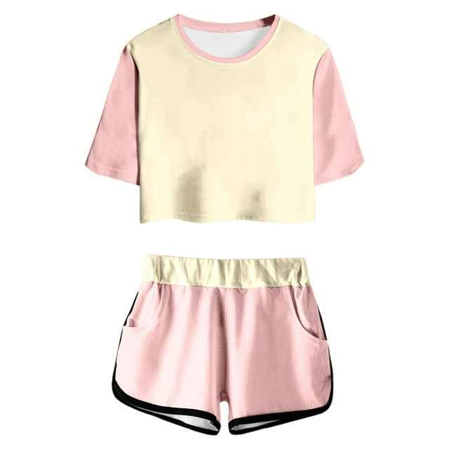 Afdoent Vêtements pour Fillettes Ensemble Haut à Manches Courtes et Shorts Imprimé Color Block Mignon Col Rond Poche Tenue Décontractée pour Juniors Confortable pour 4-5 Ans