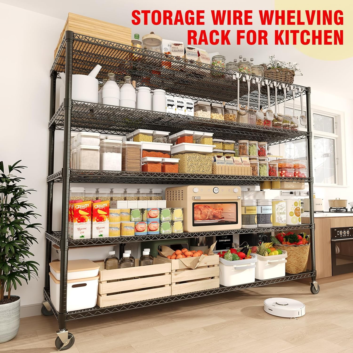 Garvee 5 Tier Metal Storage Shelving Unit with Wheels, Adjustable Rack Shelf, 59" x 23.6" x 82.6", Black