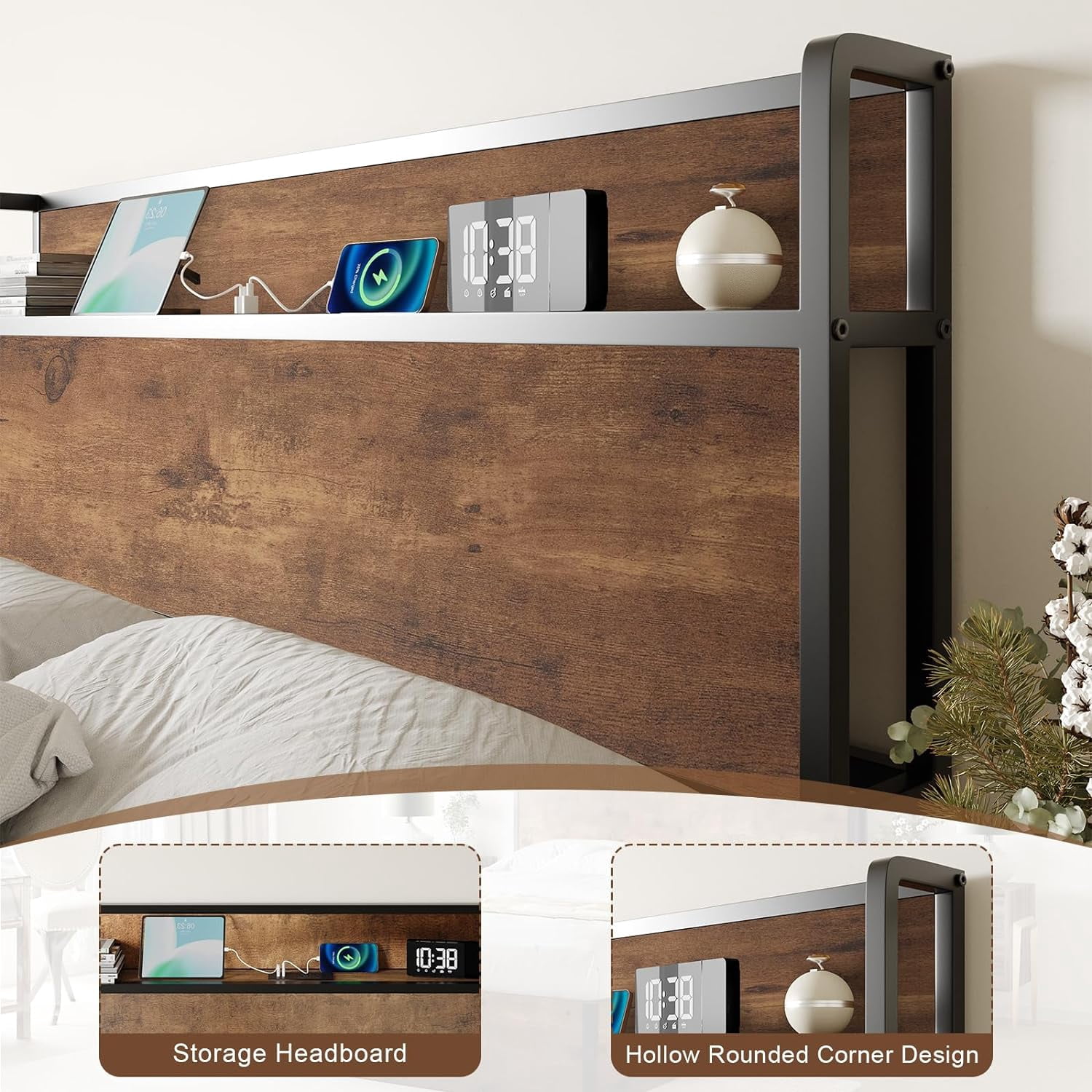 VanAcc Full Size Lift up Storage Bed Frame, Wooden Platform Bed Frame with Lifting Storage & Charging Station, Rustic Brown