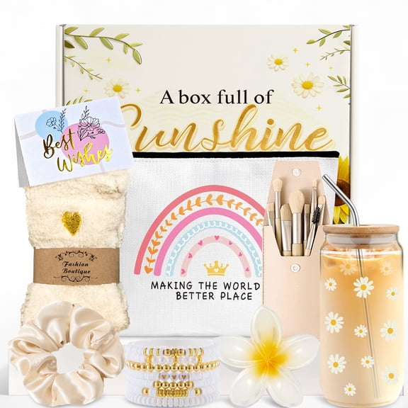 WKTRSM Birthday Gifts for Women Teen Girl Her, Cute Daisy Aesthetic Glass Cup Gift Baskets Set w/Rainbow Sunshine Self Care Box, Unique Present for Sister Daughter Friend Sweet 16th 18th 21st Bday