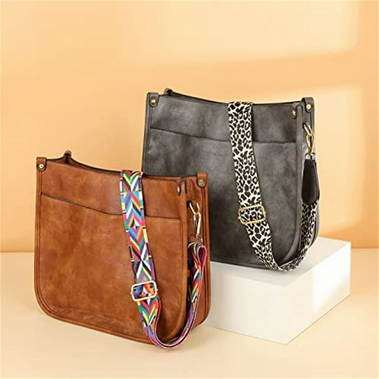 HKCLUF Crossbody Bags for Women Designer Leather Hobo Handbags with 2 Adjustable Leopard Guitar Strap Shoulder Bucket Bags, Adult Unisex, Size: Gray