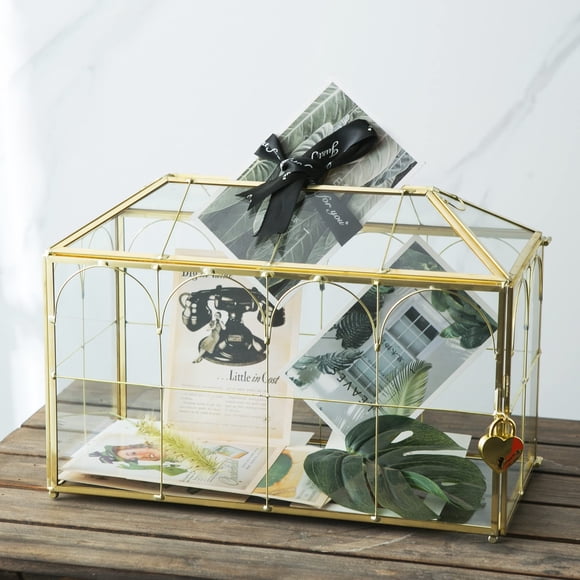 Caja de cristal para tarjetas de boda Giadun Gold Brass con cierre de 32 cm