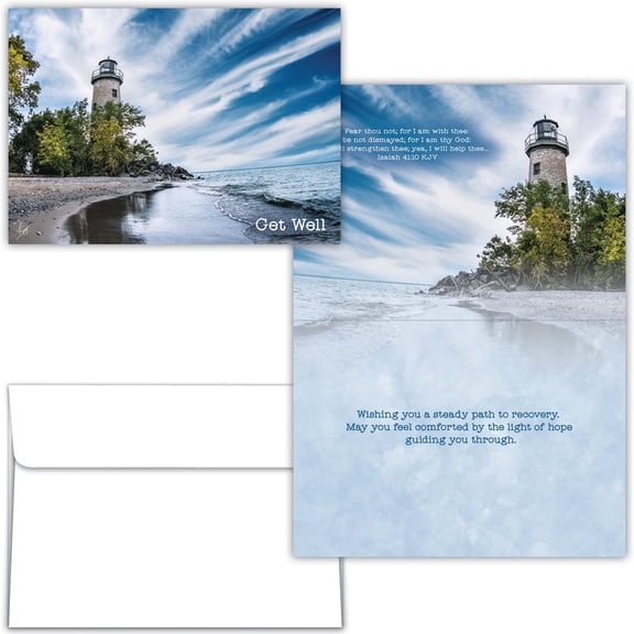 Shared Blessings Religious Get Well Greeting Card with KJV Scripture, Lighthouse by the Shore Artwork, Comfort and Healing Message for Men