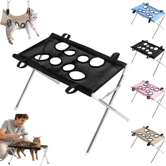 Pet Grooming Hammock with Stand, 8-Hole Foldable Stainless Steel Grooming Sling for Dogs & Cats, Breathable Mesh for Nail Trimming, Ear Cleaning & Bathing