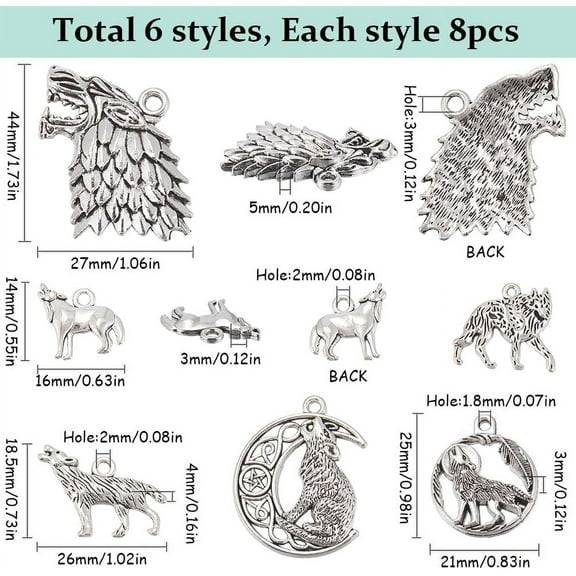 1box 48pcs 6 styles style Wolf Theme Alloy Pendants Antique Silver 14~33x16~44x3~5mm Hole: 1~3mm 8pcs/style