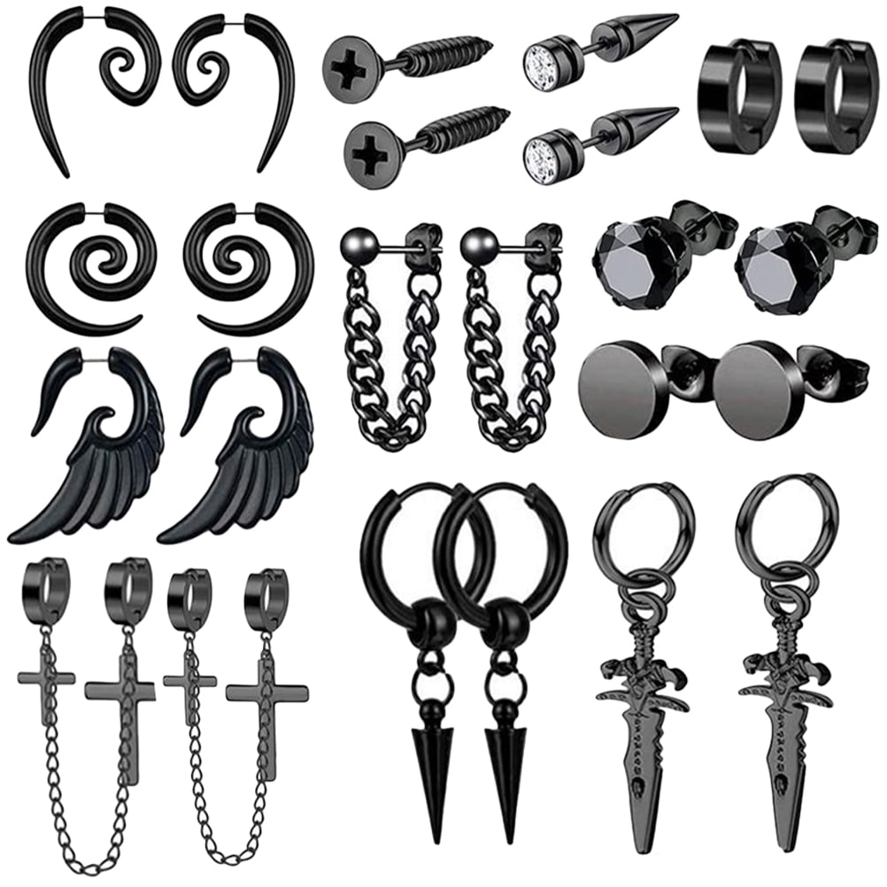 Amazon.com: THUNARAZ 24Pcs Cross Dangle Earrings for Men Stainless Steel  Hinged Hoop Earrings Long Chain Stud Dangle Earrings Set Kpop Earrings for  Mens Black, Silver and Gold: Clothing, Shoes & Jewelry