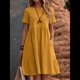 thumbnail image 5 of Vestido Camisero de y Algodón de Verano para Mujer, Informal, Holgado, con Cuello Redondo, Corta, Midi y Bolsillos Amarillo S, 5 of 7