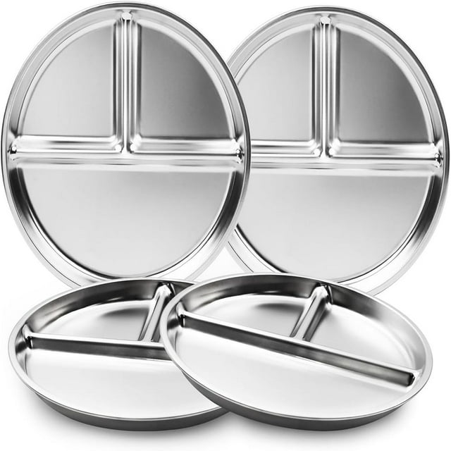 LOVEVER Assiettes pour Enfants en Acier Inoxydable, Ensemble de 4, Assiettes de Contrôle des Portions de 9”, Assiettes Compartimentées pour Adultes et Tout-Petits, Dîner Équilibré, Régime Bariatrique et Diabétique, Non Toxique, Camping, Assiettes à Collation en Métal f