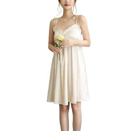 Defitshape Women s Victorian Nightgown Chemise Lingerie Slip Deep V Neck Padded Lounge Dress Band Elastic Vintage Fashion Knee Length Princess Bra Night Gown champagne Medium
